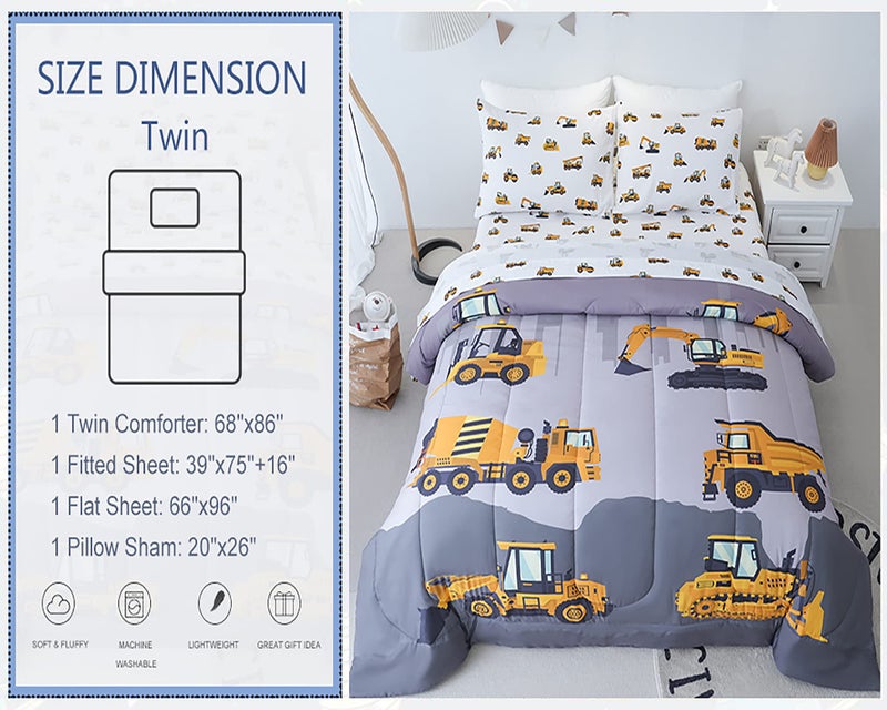 Cokouchyi Twin Size Comforter Set for Boys  4-Piece Bed in a Bag  3D Construction Bedding Comforter Sheet Set  Ultra Soft and Fluffy  Cartoon Truck Cars - Image 5